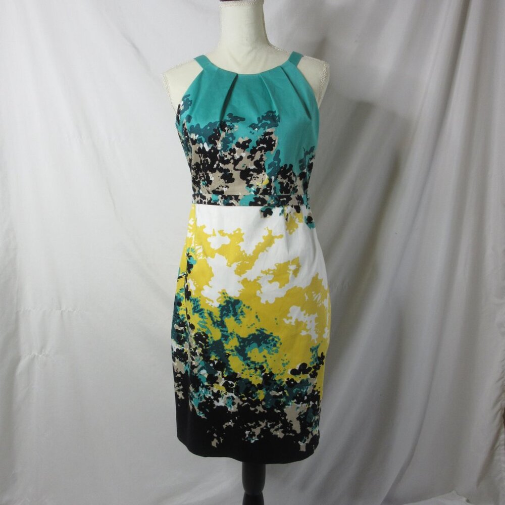 Tahari Dress Knee Length Floral Sheath Sleeveless Dress Teal Yellow Size 4